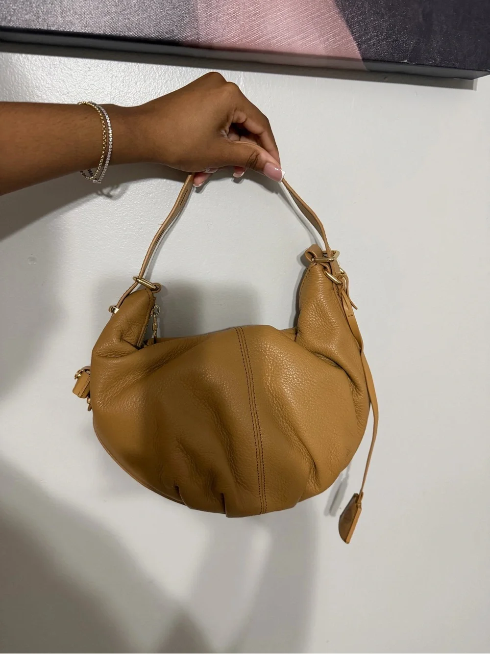 Vince Camuto Beige Pebbled Leather Hobo Shoulder Bag | Slouchy Crescent Purse